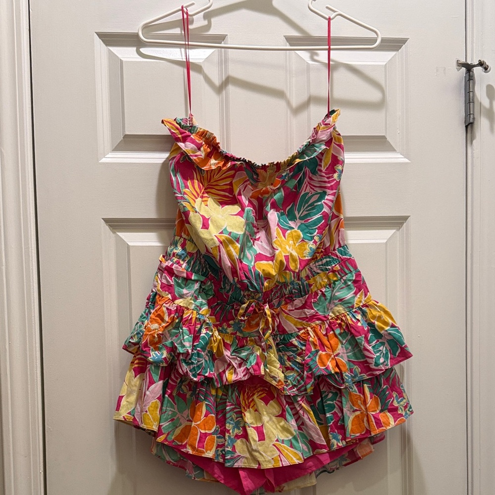 Hausen Multicolor Printed Strapless Romper - Pink, Green, Yellow